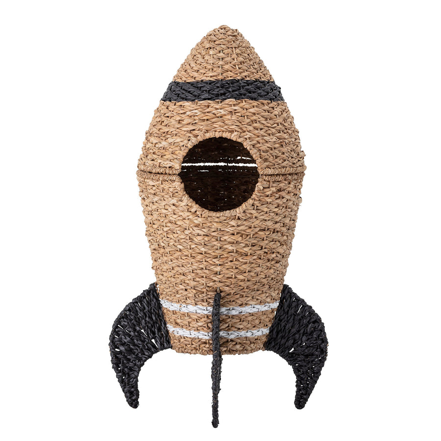Premium rocket-shaped seagrass storage basket with lid, stylish black and white handpainted design, natural woven toy or laundry organizer by Ella James at brixbailey.com