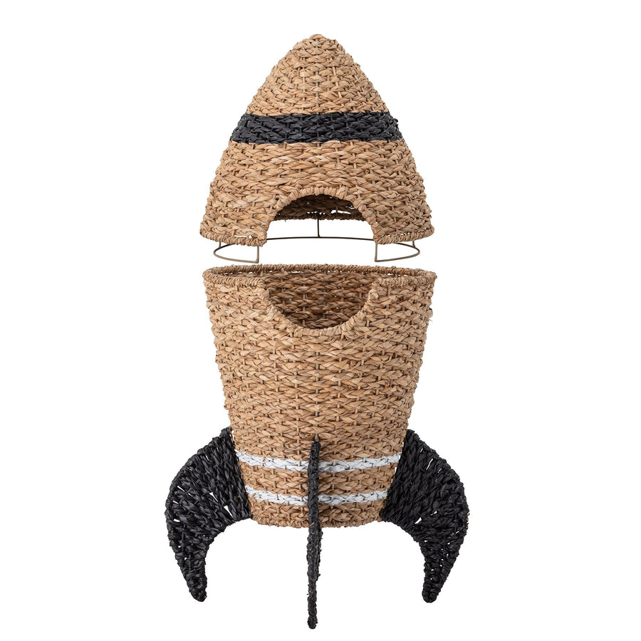 Premium rocket-shaped seagrass storage basket with lid, stylish black and white handpainted design, natural toy and laundry organizer by Ella James at brixbailey.com