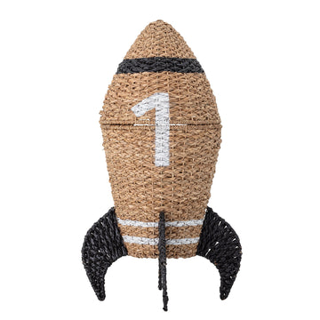 Premium rocket-shaped seagrass storage basket with lid, stylish black and white handpainted design, natural woven toy or laundry organizer by Ella James at brixbailey.com