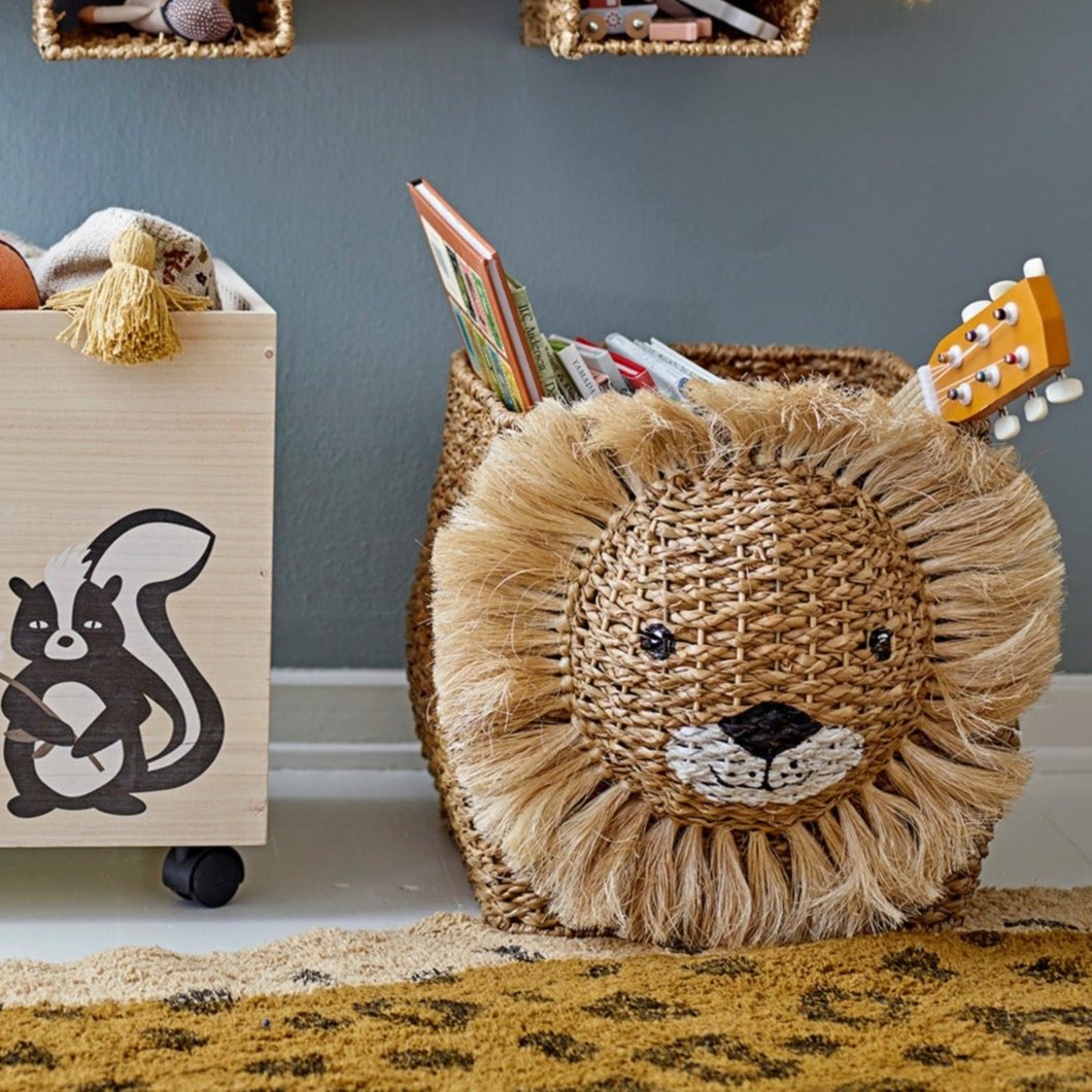 Lion storage basket, cute kids room decor, premium woven toy organizer, stylish laundry hamper, best-selling nursery essential by Ella James at brixbailey.com