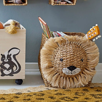 Lion storage basket, cute kids room decor, premium woven toy organizer, stylish laundry hamper, best-selling nursery essential by Ella James at brixbailey.com