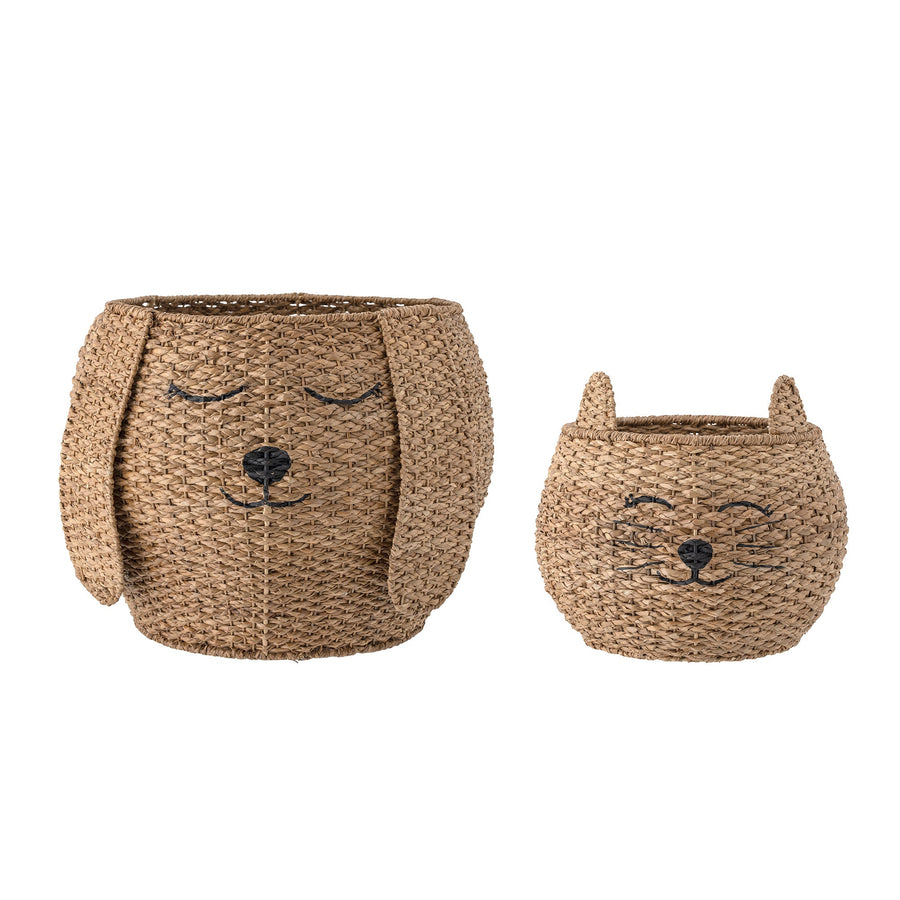Luxury woven grass storage basket, stylish puppy or kitten design, premium rattan toy organizer for bedroom or playroom by Ella James at brixbailey.com