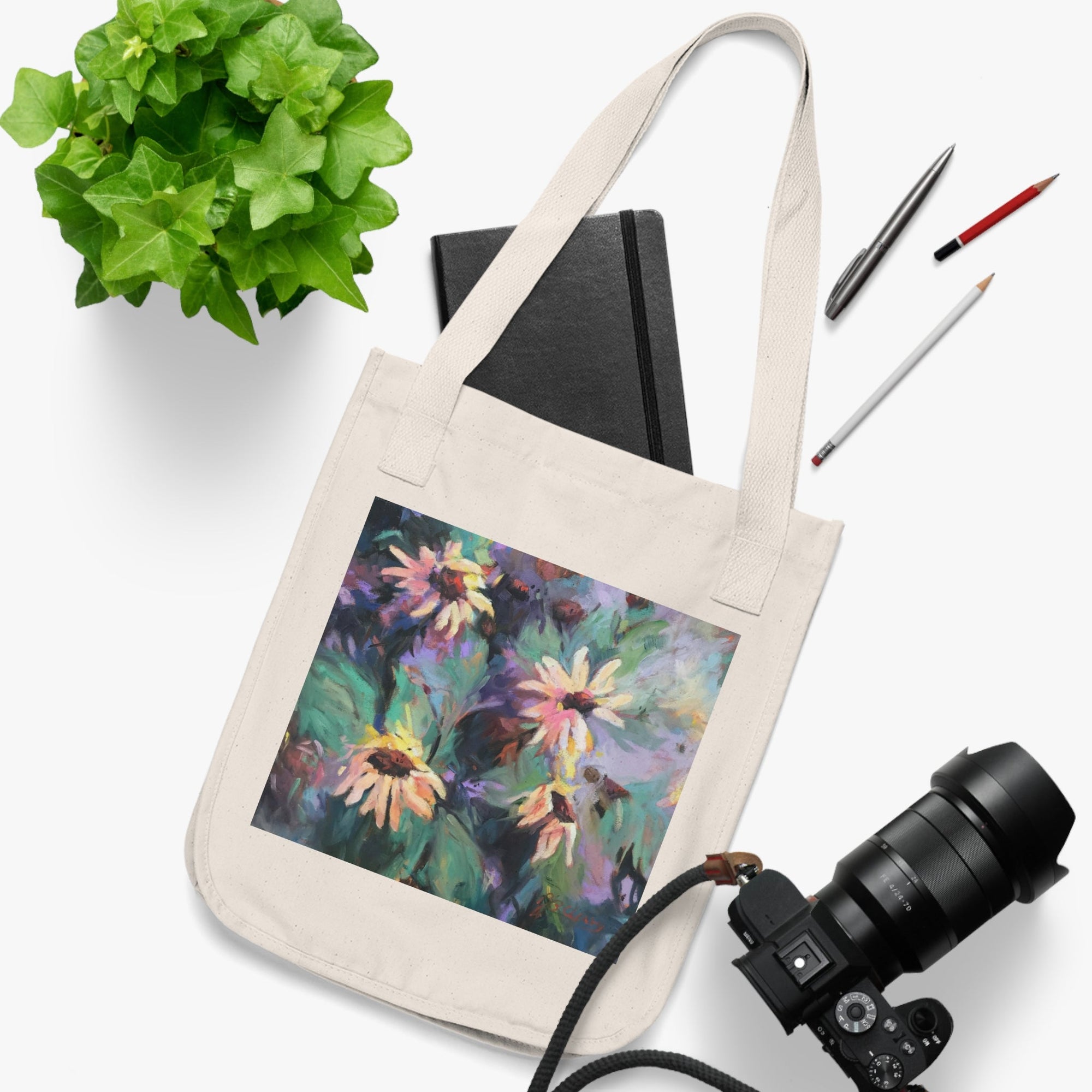 Organic Canvas Tote Bag with &#39;Eastern Light Wildflowers&#39; I Original Artwork by American Artist Barbara Cleary