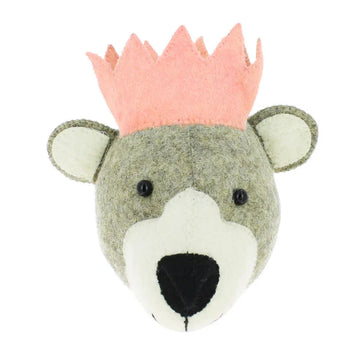 Luxury mini baby bear head with pink crown, stylish nursery decor for little princesses, soft pastel wall decor by Ella James at brixbailey.com