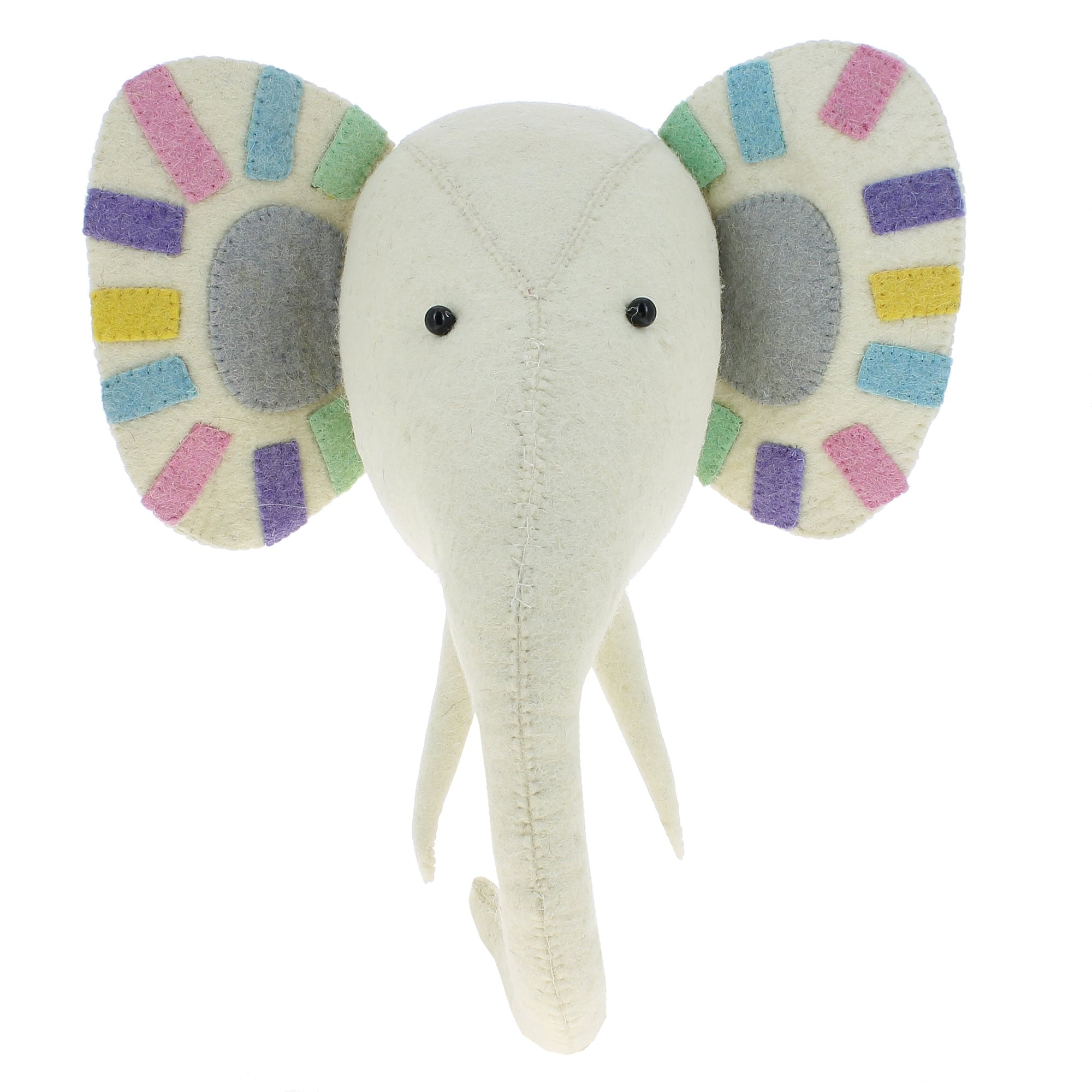 Luxury pastel felt elephant wall head, stylish safari nursery decor, handcrafted wool felt with beaded eyes, premium kids room art by Ella James at brixbailey.com