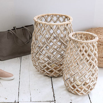 Luxury handcrafted banana raffia lantern, medium and large sizes, stylish boho decor with glass tealight holder by Ella James at brixbailey.com