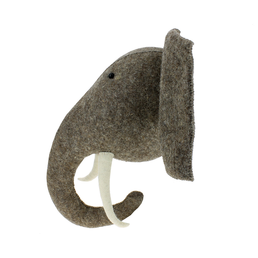 Premium grey wool felt elephant head wall decor, handcrafted with beaded eyes and stitching detail, luxury nursery or playroom art by Ella James at brixbailey.com