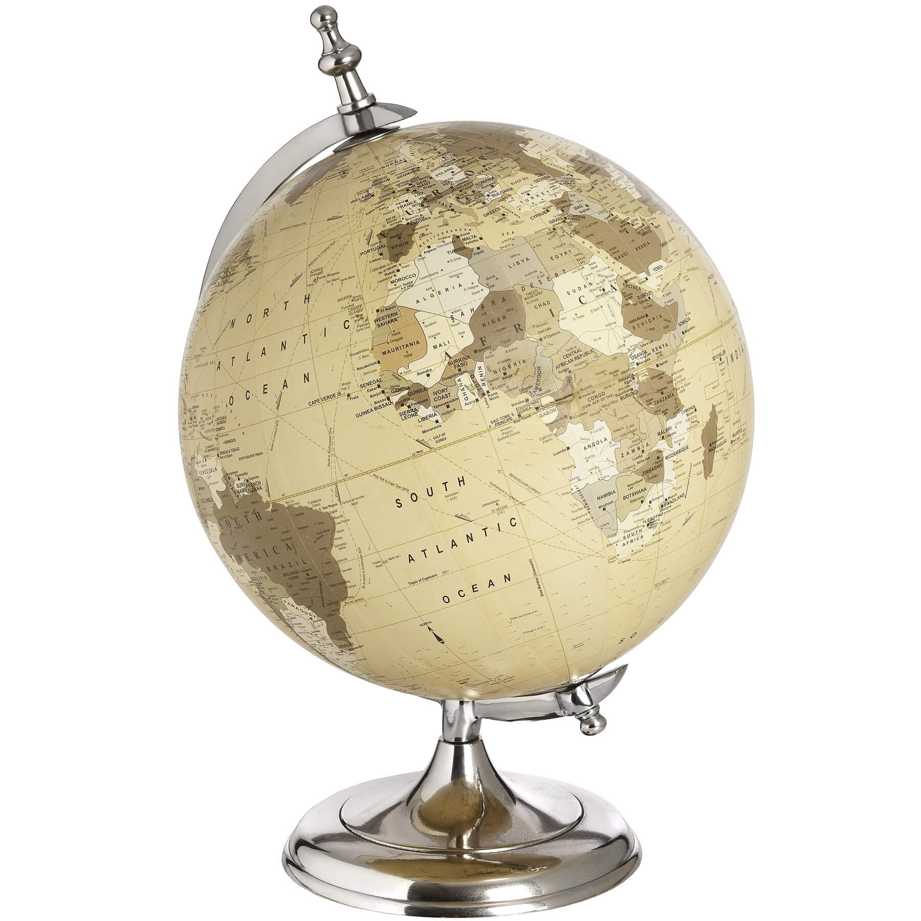 Chrome desktop globe with vintage map on cream background, polished silver stand, 20cm diameter  by RoomLondon at brixbailey.com
