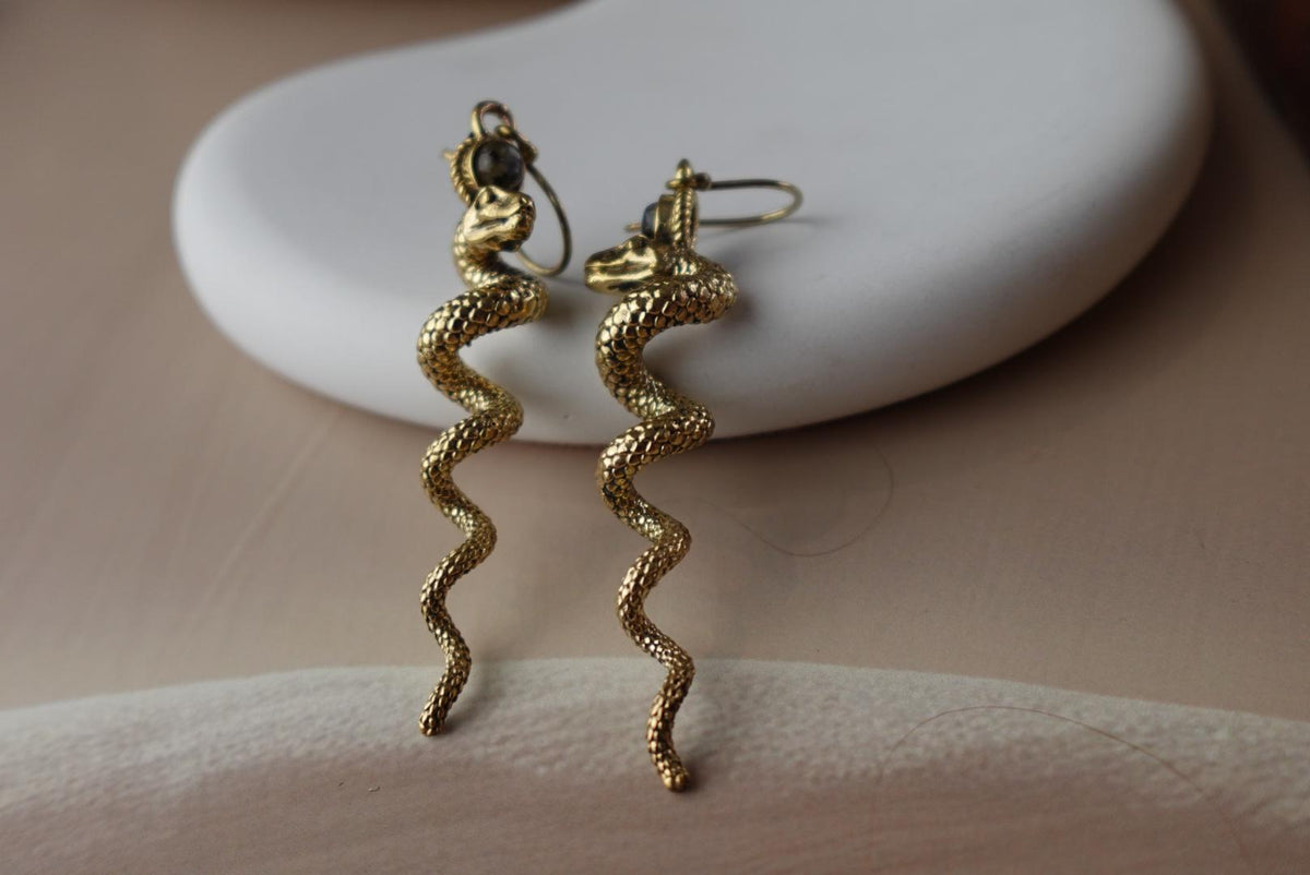 Serpentina Spiral Dangles - Twisted Brass Snake Earrings in Gold/Silver Tone.