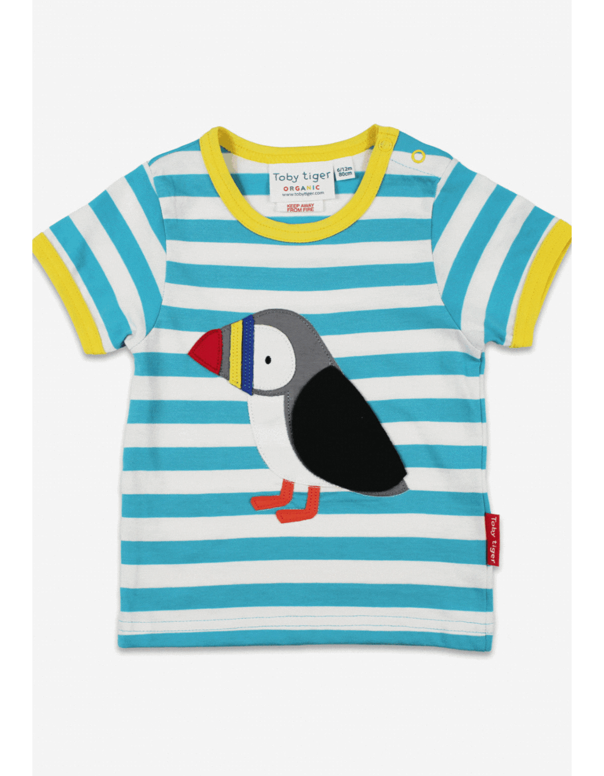 Premium organic cotton baby t-shirt with playful puffin applique, blue and white stripes, hidden fish surprise, soft GOTS-certified fabric by Toby Tiger at brixbailey.com