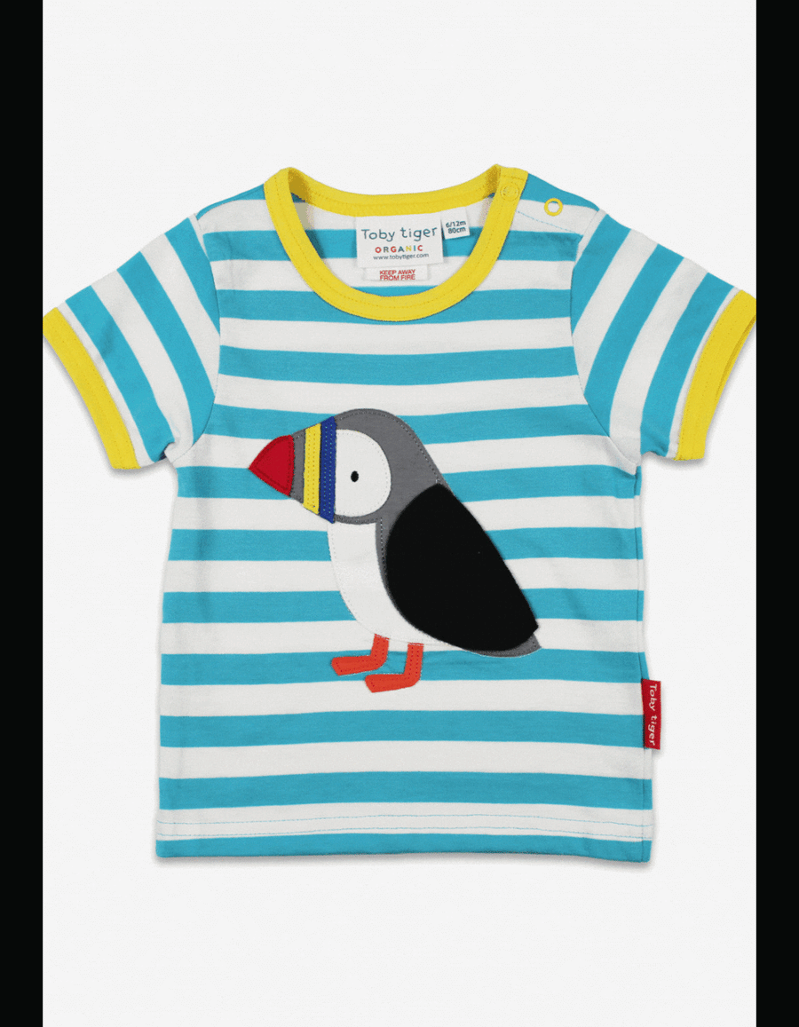 Bio Baumwoll-Kurzarmshirt mit Papageientaucher Applikationen
