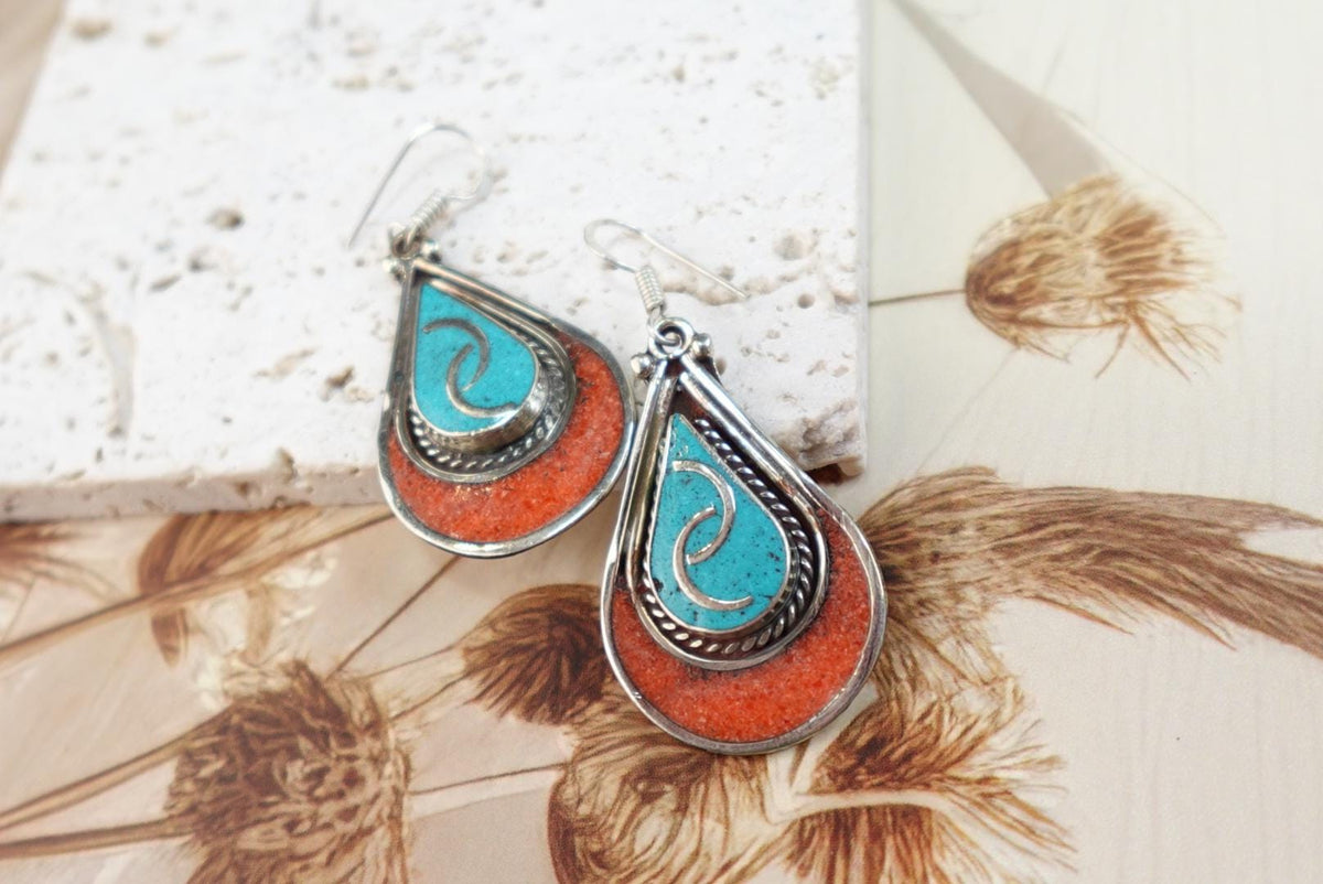 Tibetan Teardrop Earrings – Turquoise Swirl &amp; Coral
