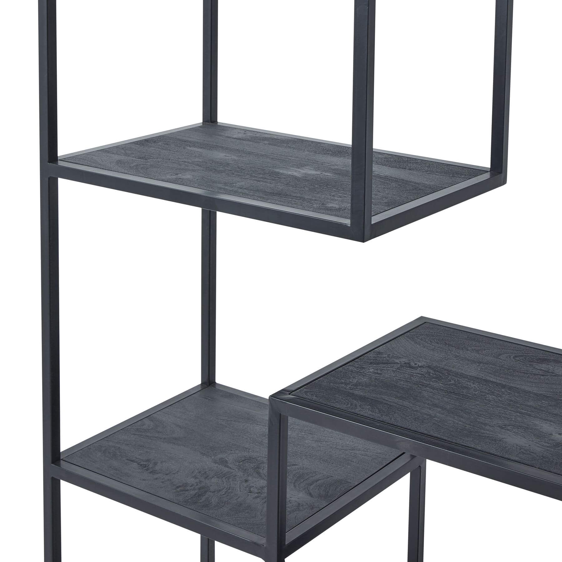 Black metal industrial shelf unit with asymmetrical seven-shelf design and lattice framework for modern home decor. by Sostter at brixbailey.com