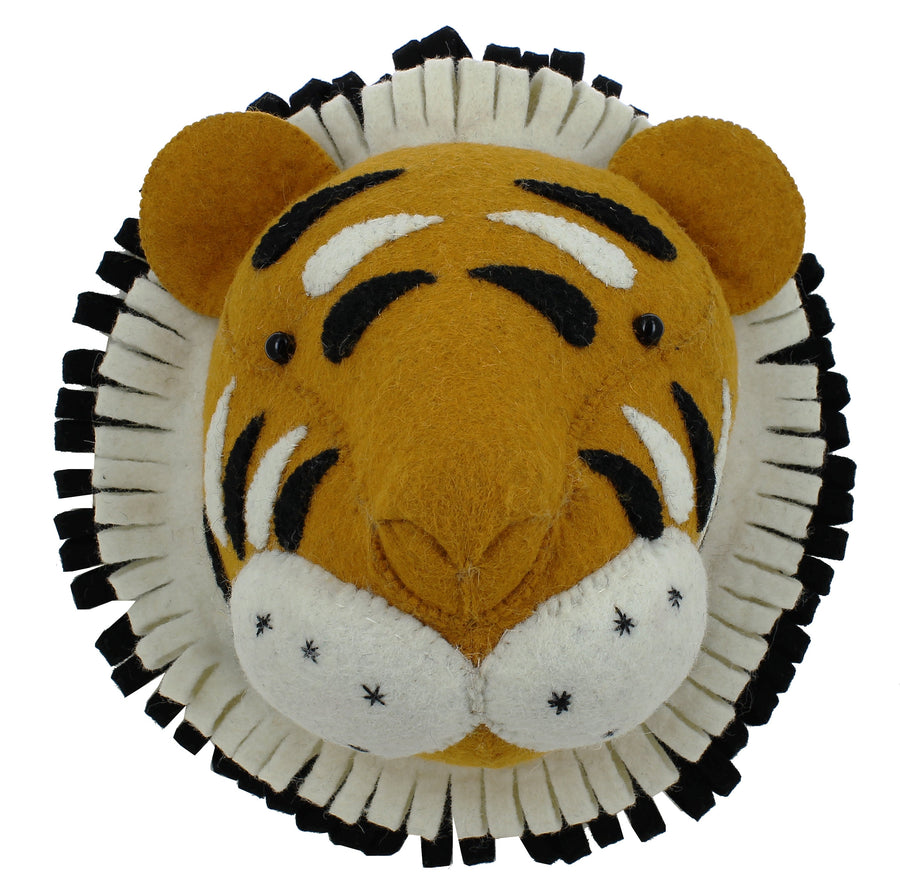 Luxury handcrafted felt tiger head wall decor, premium organic wool safari animal head for kids room, stylish wildlife nursery decor by Ella James at brixbailey.com