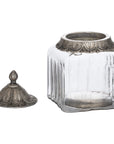 Handcrafted Moroccan lidded jar with patterned metal top and glass base for jewelry or spice storage by RoomLondon at brixbailey.com