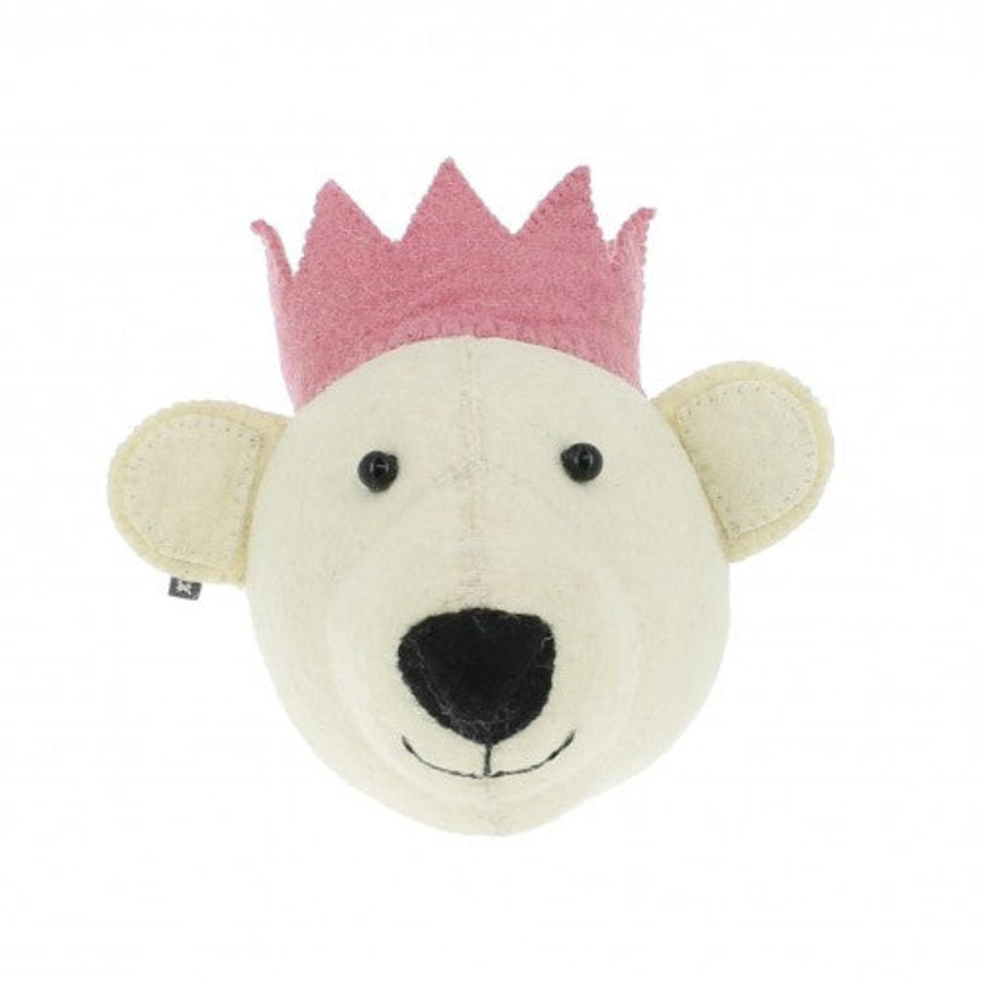Luxury white felt bear with pink crown, handcrafted premium organic wool, best-selling mini plush toy for kids by Ella James at brixbailey.com