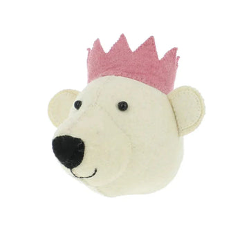 Luxury white felt bear with pink crown, handcrafted organic wool, mini stuffed animal, best-selling princess gift by Ella James at brixbailey.com