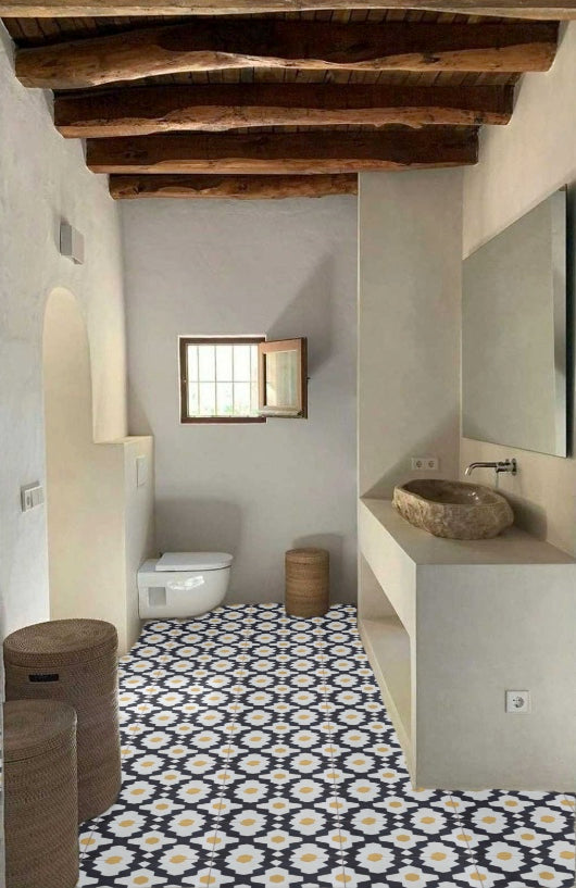 Premium Moroccan cement tiles, yellow and black bathroom kitchen tiles, handcrafted vibrant patterns, authentic luxury flooring, high-traffic durable by Maria Starling Design at brixbailey.com