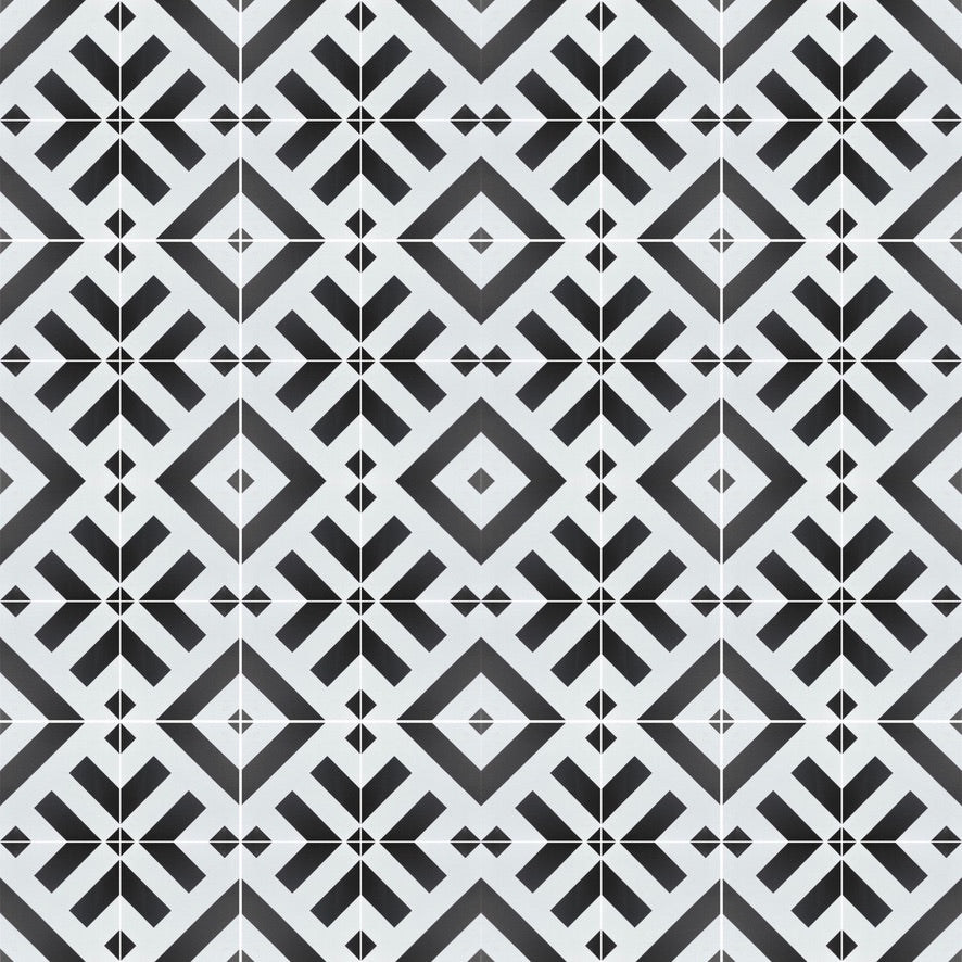 Black geometric porcelain tile, premium anti-slip outdoor and indoor tile, stylish black and white geometric pattern, durable porcelain tile by Maria Starling Design at brixbailey.com