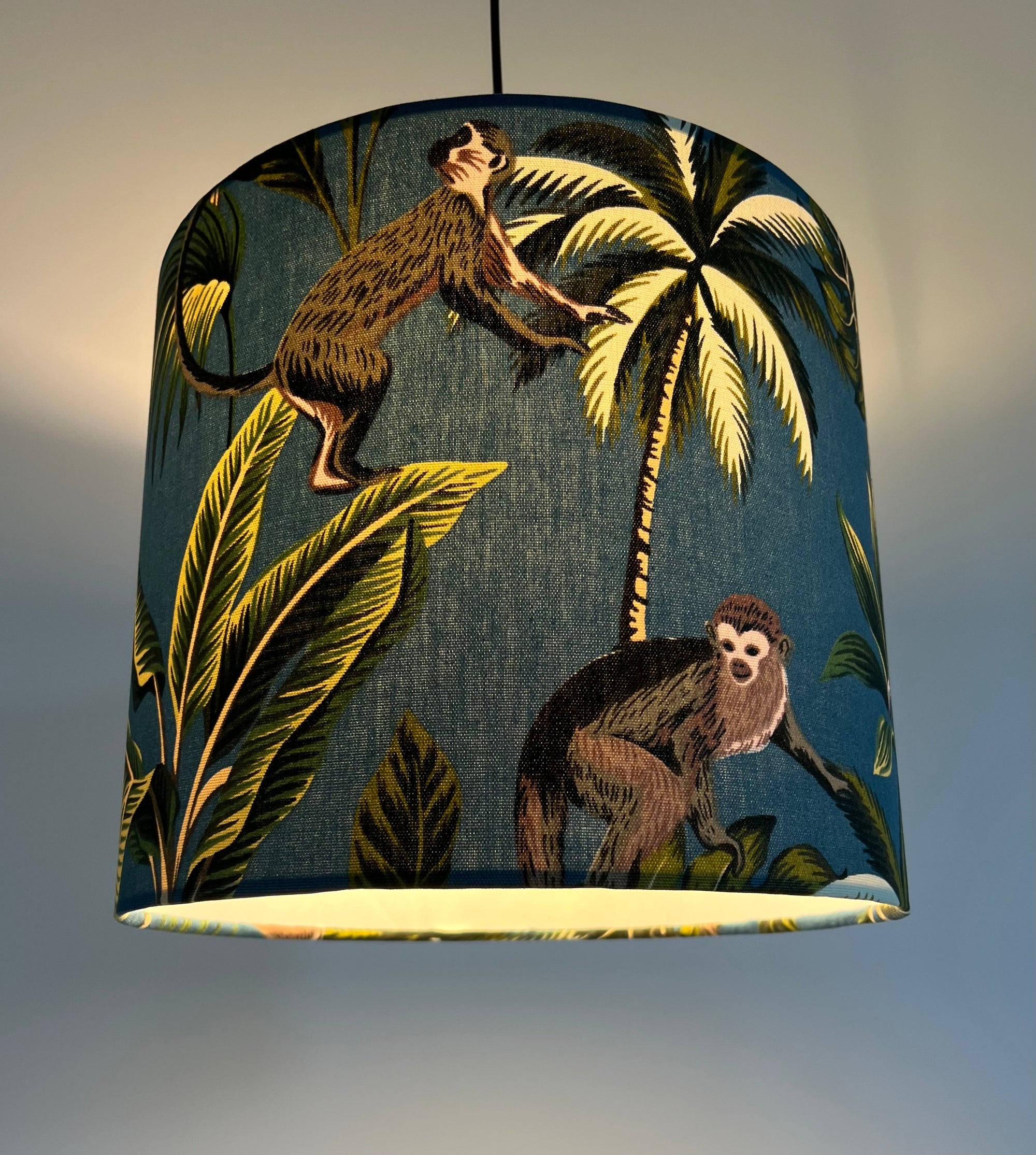 Jungle monkey cotton, in teal, drum lampshade /ceiling shade with a white lining