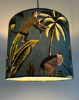 Jungle monkey cotton, in teal, drum lampshade /ceiling shade with a white lining