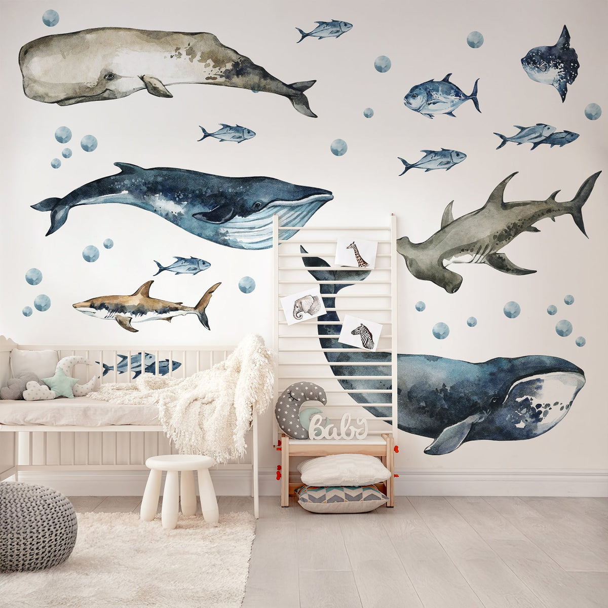 Sharks &amp; Whales Decal Set - Sperm, Humpback, Blue, Hammerhead Shark + More - Watercolour Effect Stickers - Ocean Theme