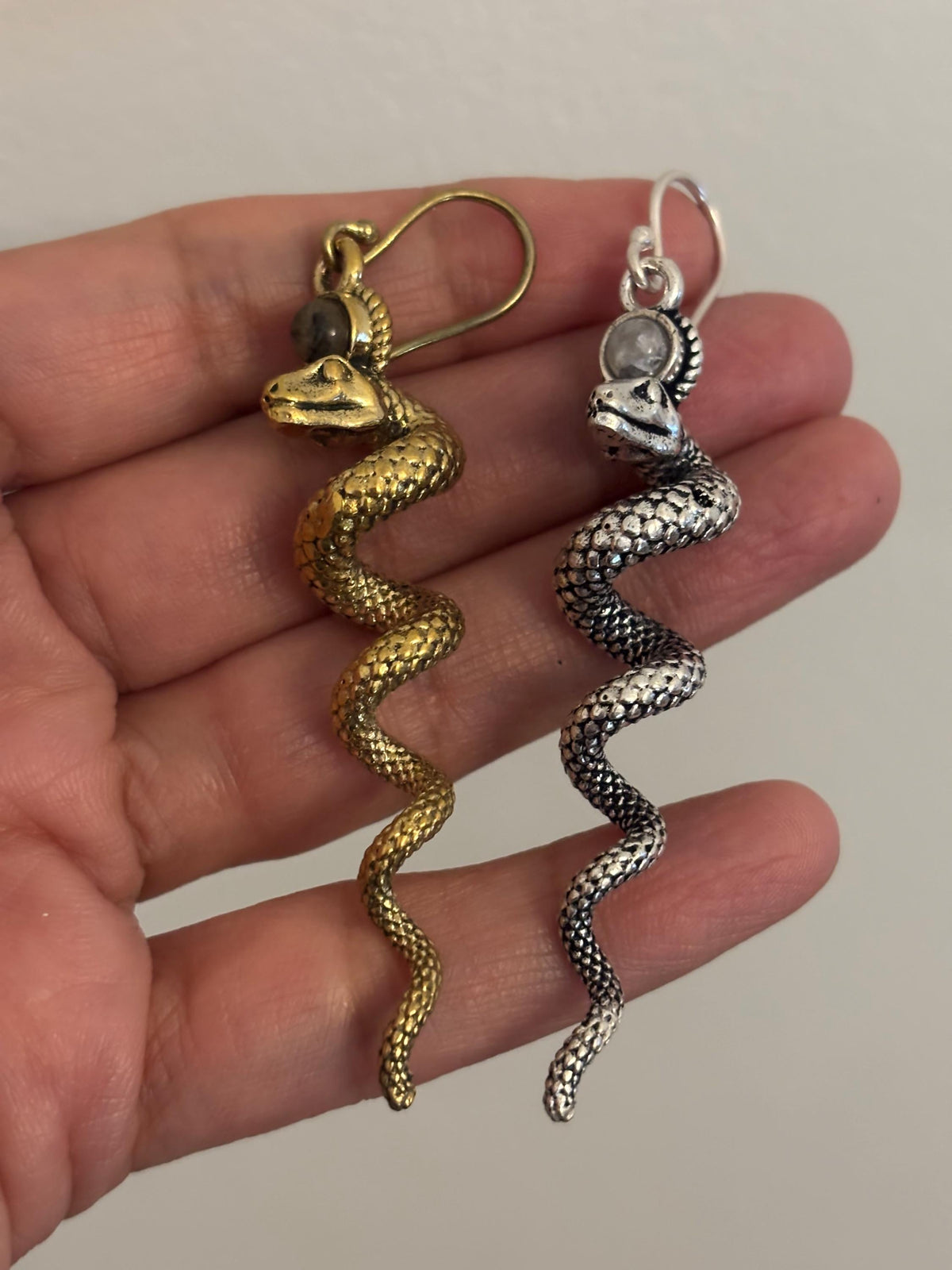 Serpentina Spiral Dangles - Twisted Brass Snake Earrings in Gold/Silver Tone.