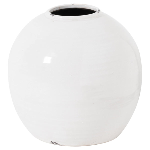 Handcrafted white ceramic vase with rustic-modern glaze, 29cm wide, showcasing unique artisan distressing and elegant proportions. by Sostter at brixbailey.com