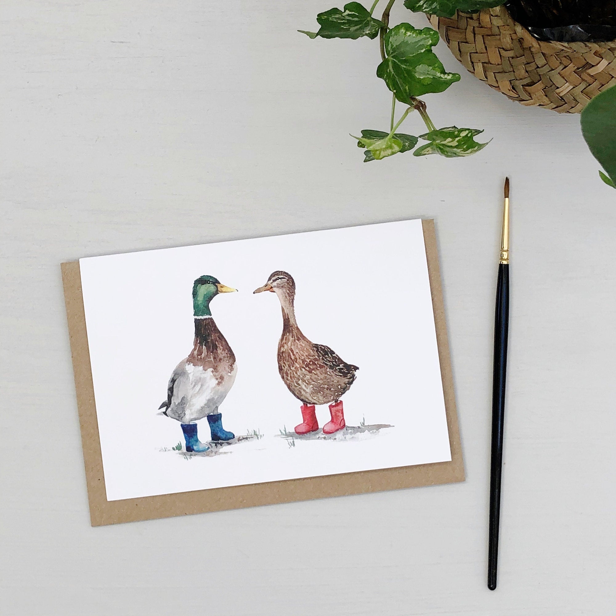 Ducks in wellies hand painted greetings card