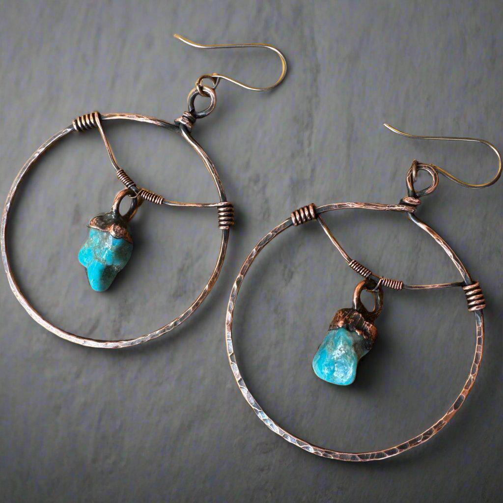 Raw Turquoise Copper Hoops - Statement | Handmade by Blackbird &amp; Sage