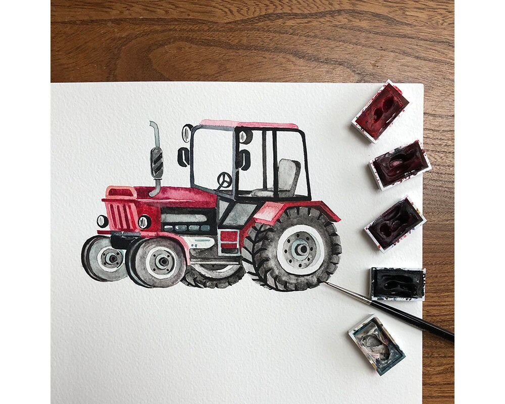 Watercolour Vehicles Wallpaper | Diggers, Fire Engines &amp; Trucks | Kids Bedroom &amp; Nursery