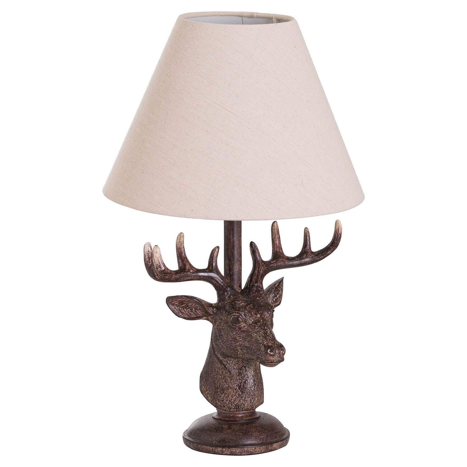 Rustic Stag Head Lamp | Linen Shade Table Light