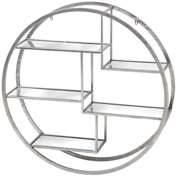 Modern silver metal wall hanging with geometric circular shelves for decor, 92cm wide.by Sostter at brixbailey.com