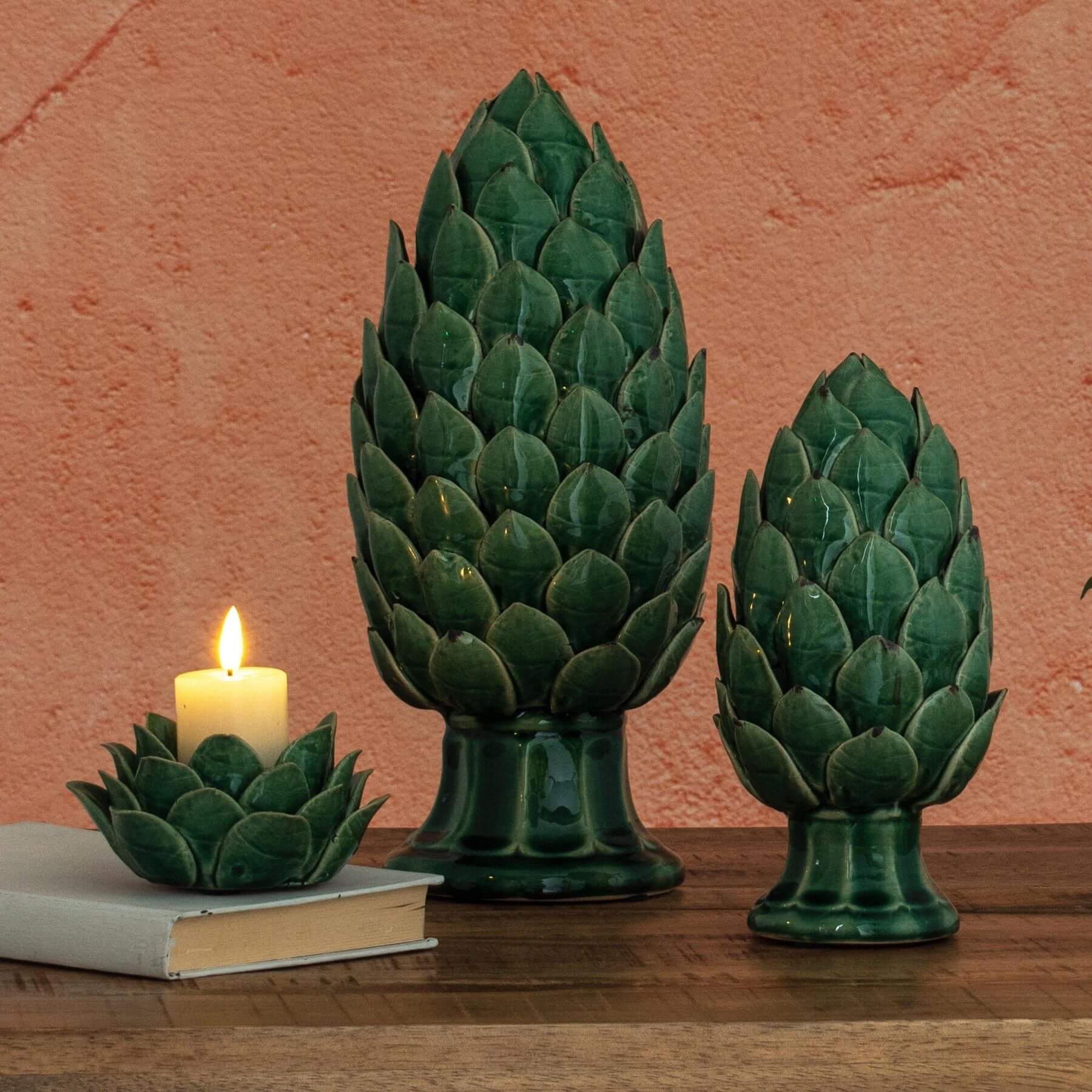 Handcrafted ceramic artichoke ornament in Mediterranean green with distressed detailing and lifelike sculpted leaves. by sostter at brixbailey.com
