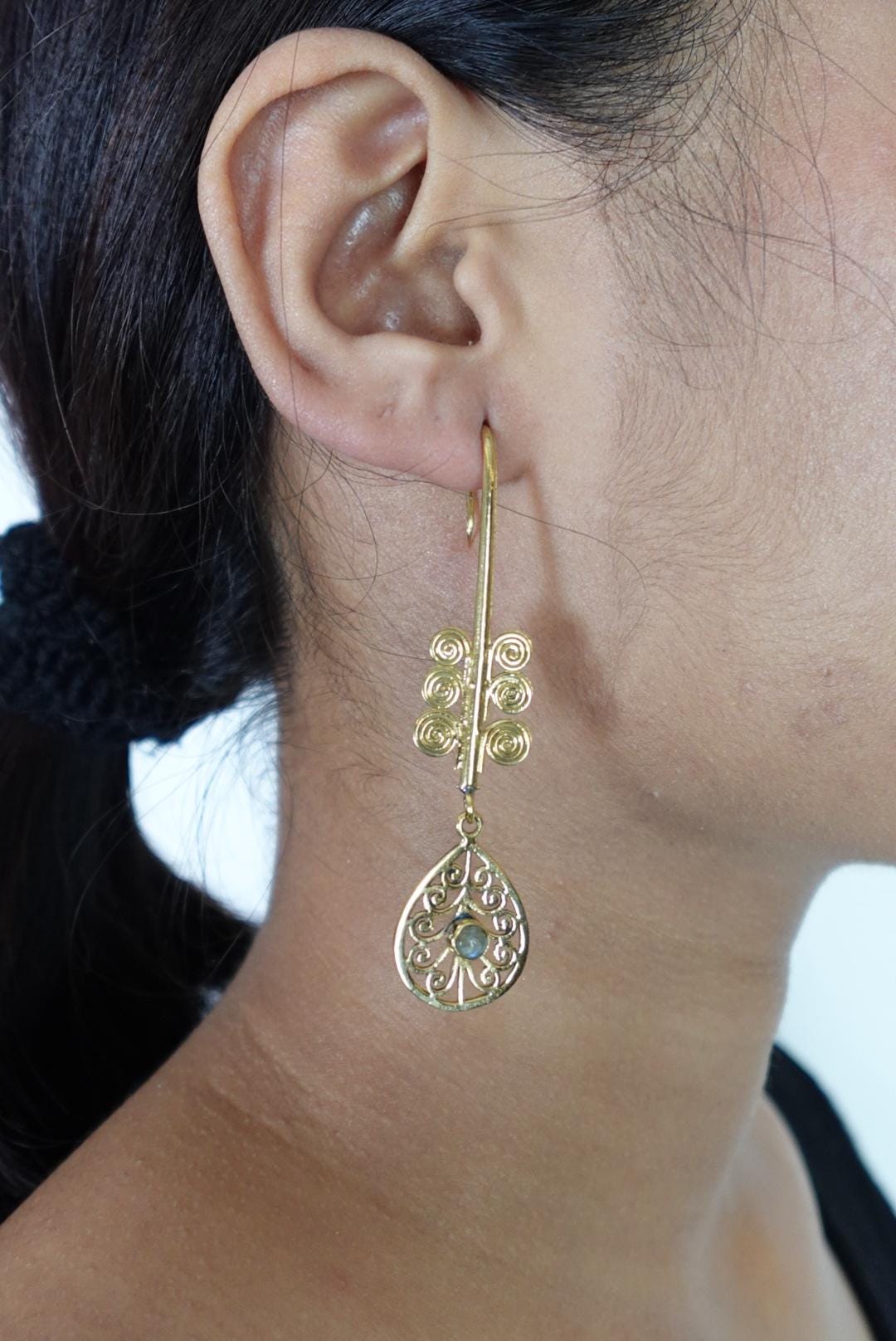 Temple Bloom Filigree Drops- Mandala-Inspired Brass Earrings with Spiral &amp; Gem Detailing.