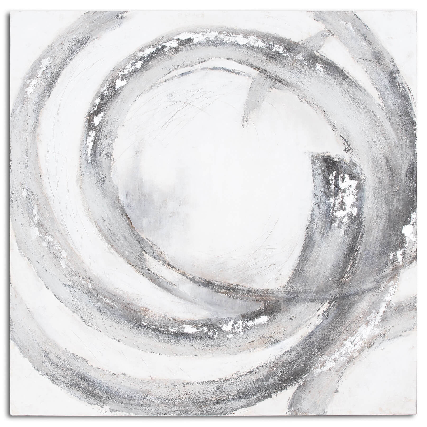 Hand-painted abstract canvas with swirling silver and grey tones on wood frame, 150cm square by Sostter at brixbailey.com