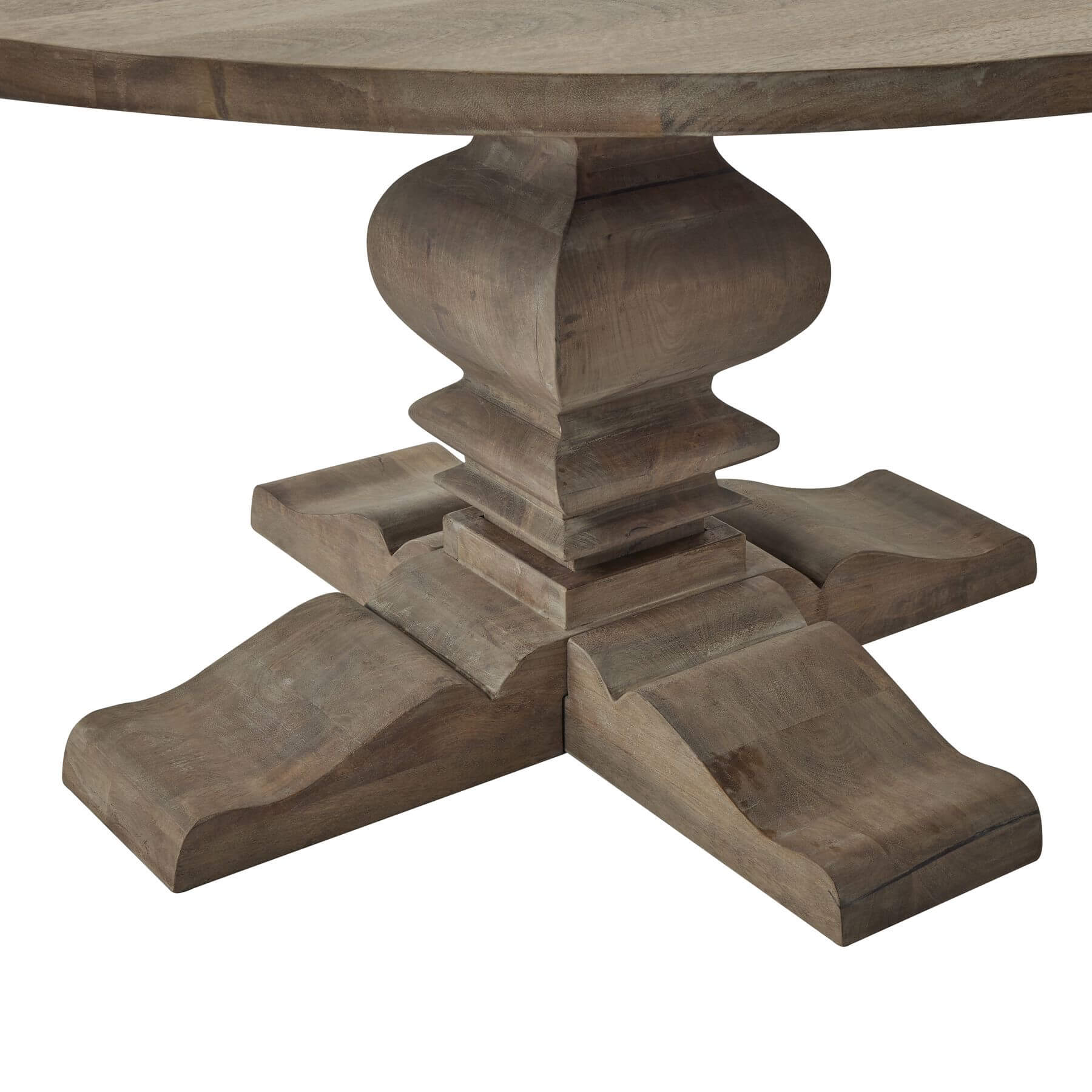 Round pedestal dining table in bleached hardwood with black iron accents, warm brown tones, 150cm diameter. by Sostter at brixbailey.com