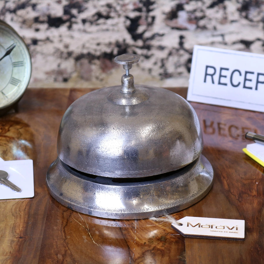 Tirsuli large 17cm reception bell, vintage distressed silver aluminum desk bell, luxury premium decorative office accessory by Maravi at brixbailey.com