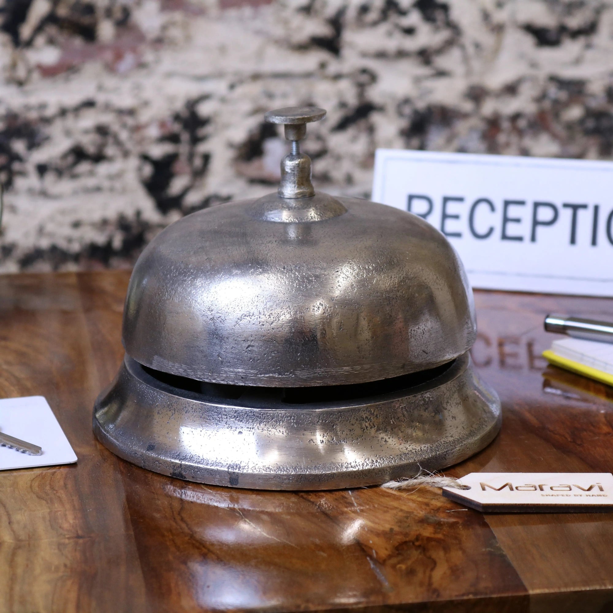 Tirsuli large 17cm reception bell, vintage distressed silver aluminum desk bell, premium oversized decorative bell for home or office by Maravi at brixbailey.com
