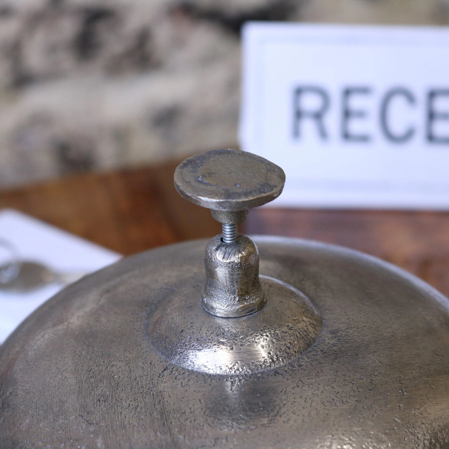 Tirsuli large 17cm reception bell, vintage distressed silver aluminum desk bell, premium oversized decorative bell for home or office by Maravi at brixbailey.com