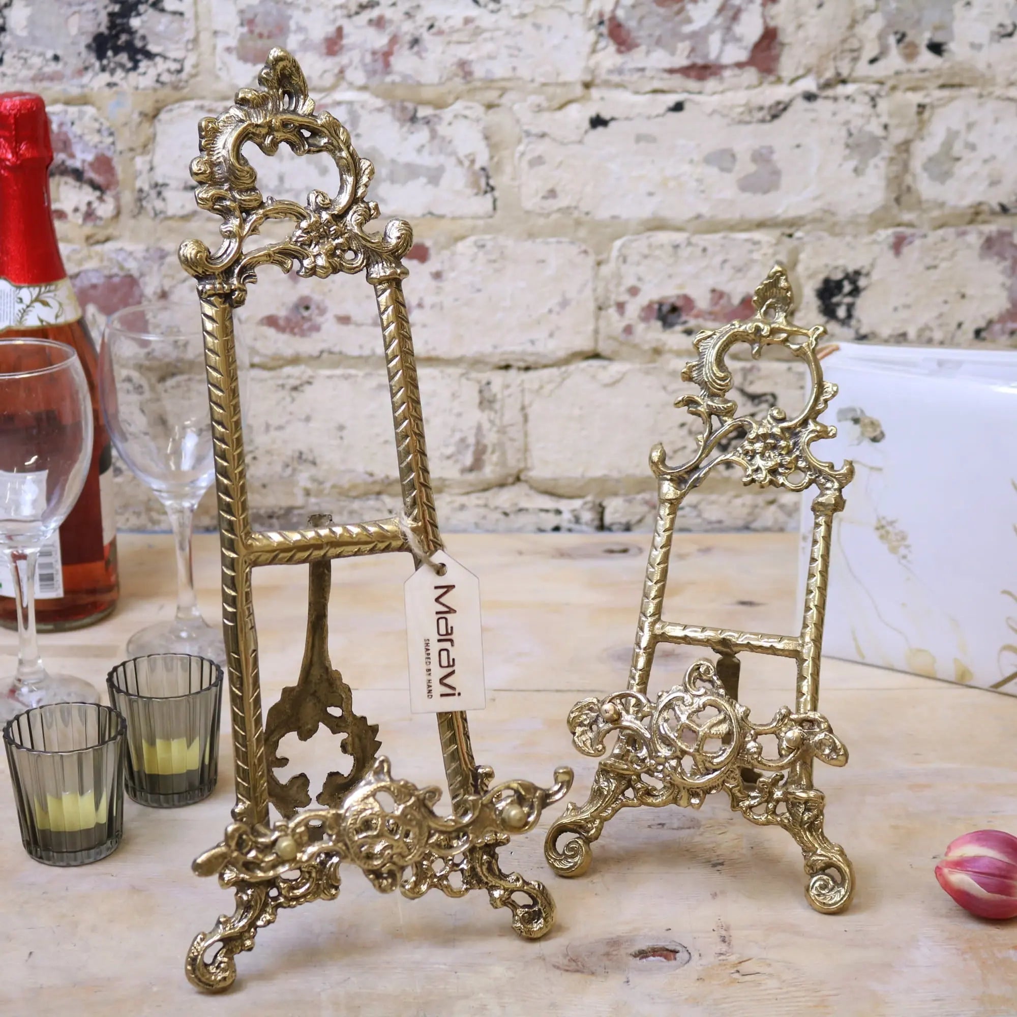 Sabarmati vintage brass display easels, luxury handcrafted set of 2, elegant antique photo plate card holders, stylish home decor by Maravi at brixbailey.com