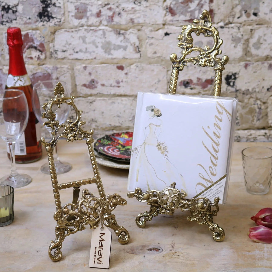 Sabarmati vintage brass display easels, set of 2, luxury handcrafted photo plate card holders, elegant home decor, premium wedding event easel stands by Maravi at brixbailey.com