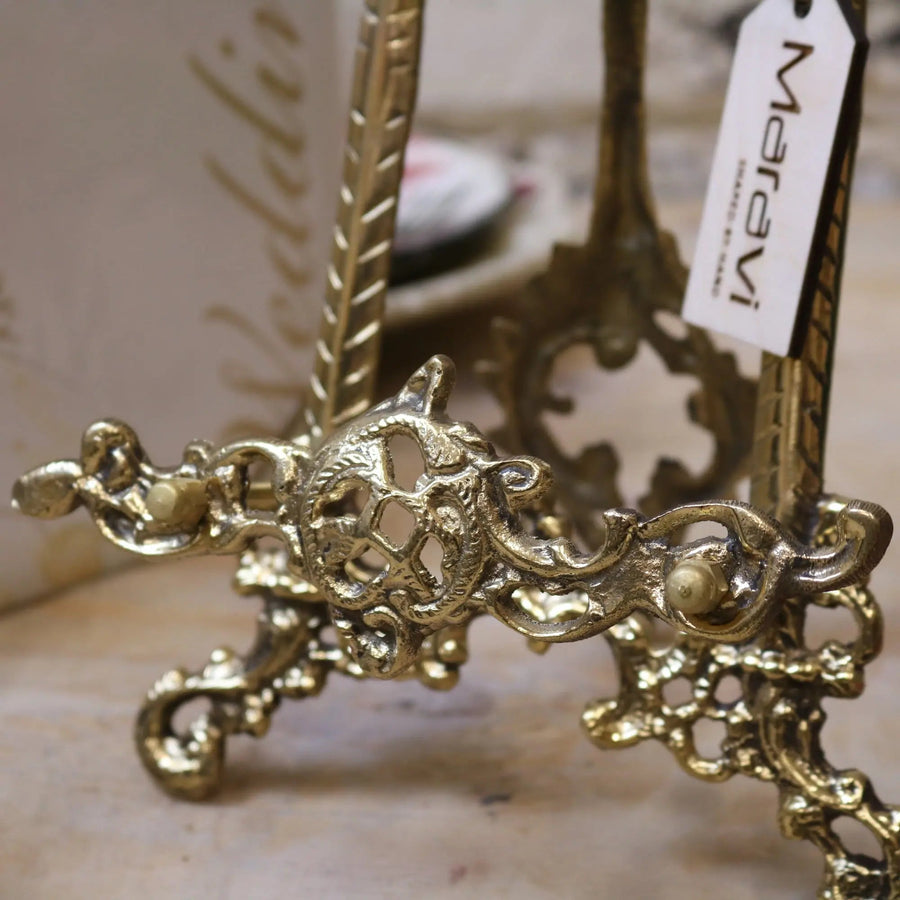 Sabarmati vintage brass display easels, set of 2, luxury handcrafted easels for photos, plates, cards, elegant home decor, wedding display stands by Maravi at brixbailey.com
