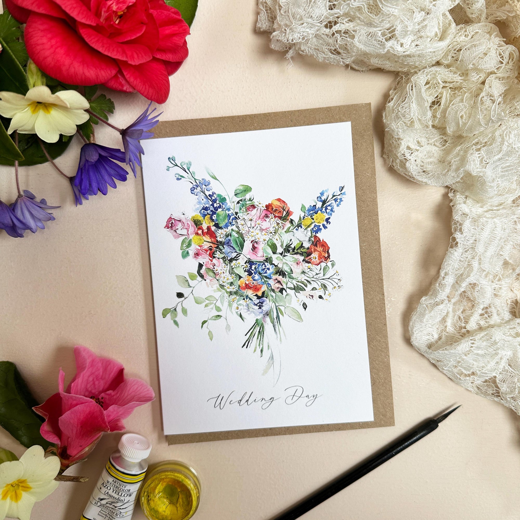 Floral Happy Wedding Day Card – Hand-Painted Watercolour Bouquet