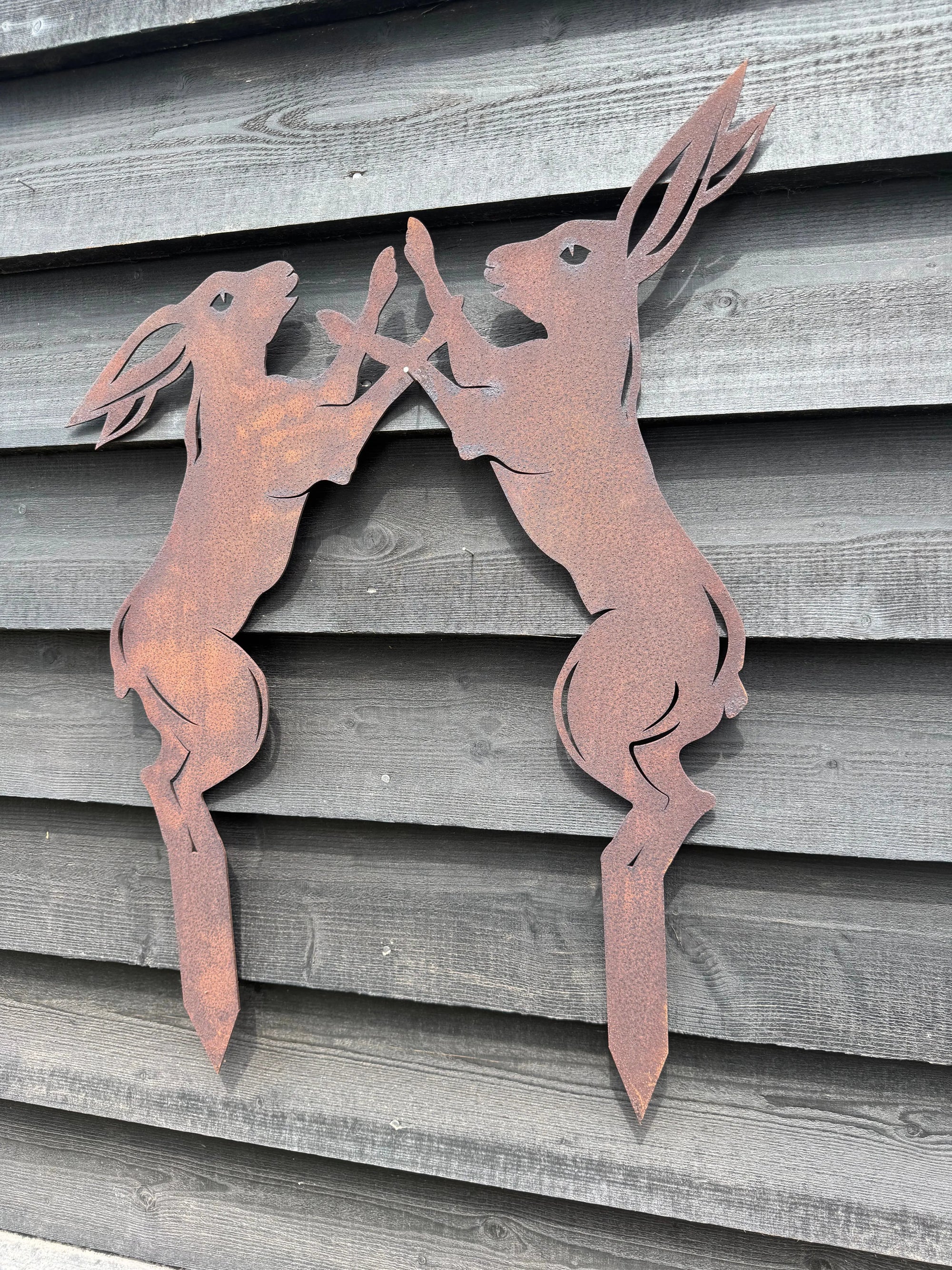 Rusty Metal Boxing Hares Garden Ornament