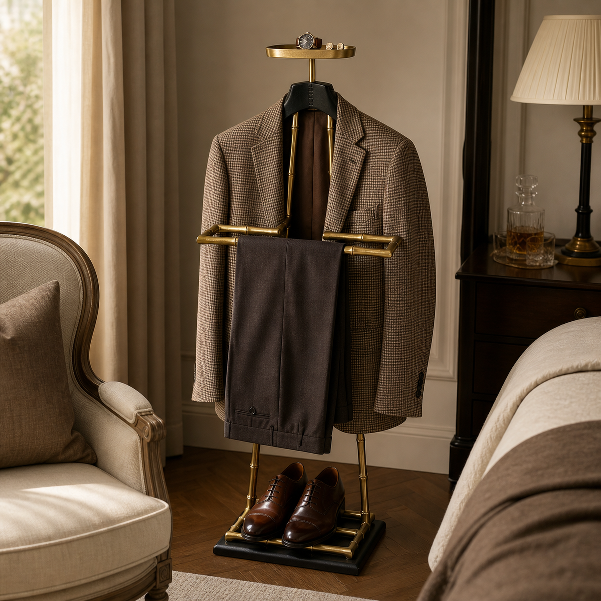 Luxury Dressboy Vintage Brass &amp; Black Leather Valet Suit &amp; Clothes Stand