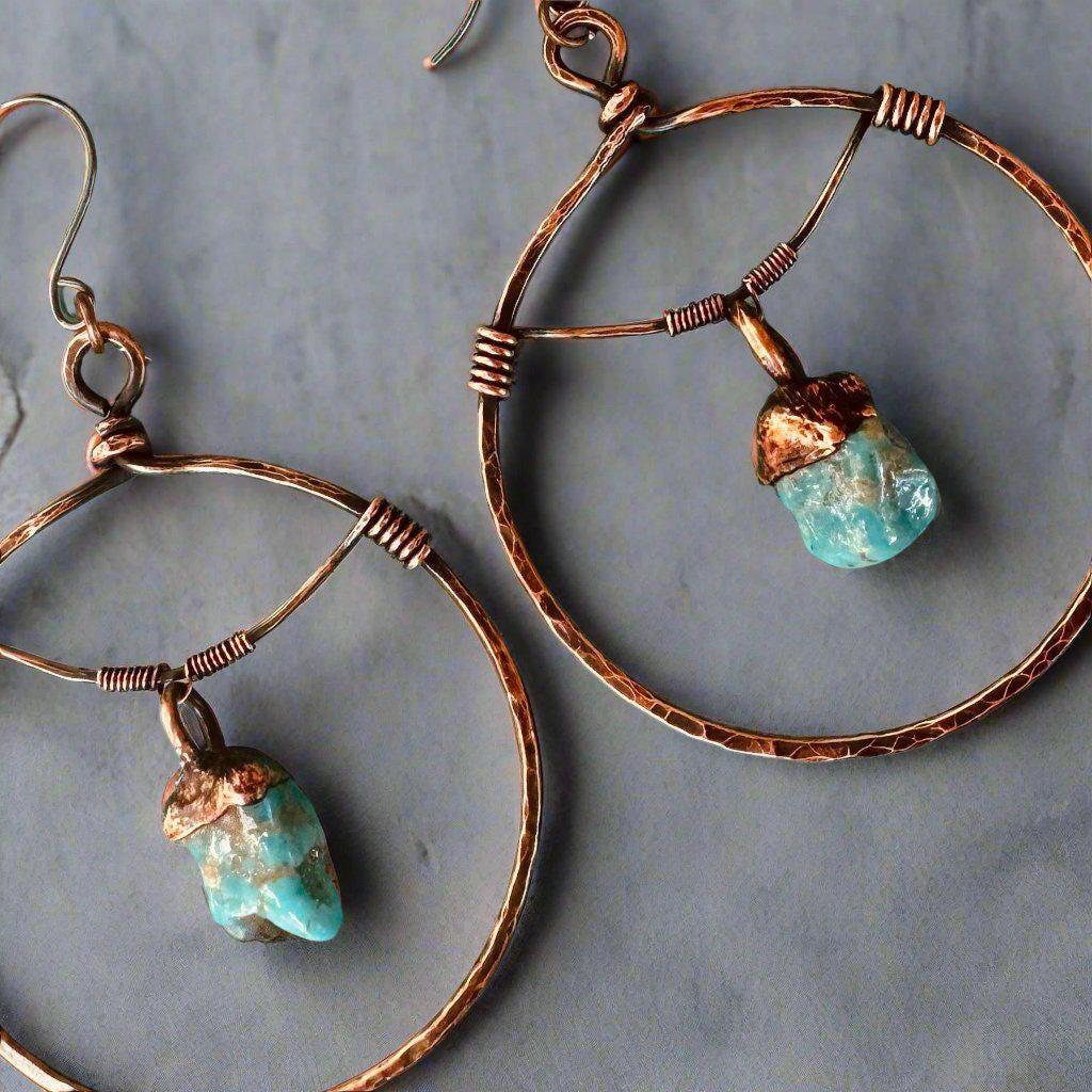Raw Turquoise Copper Hoops - Statement | Handmade by Blackbird &amp; Sage