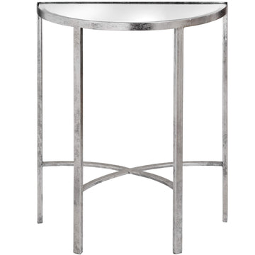 Silver mirrored console table with floating cross beams, modern half-moon design for entryways by Sostter at brixbailey.com