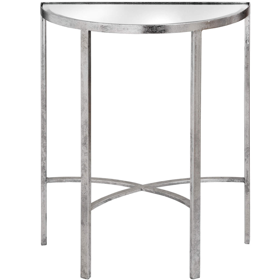 Silver mirrored console table with floating cross beams, modern half-moon design for entryways by Sostter at brixbailey.com