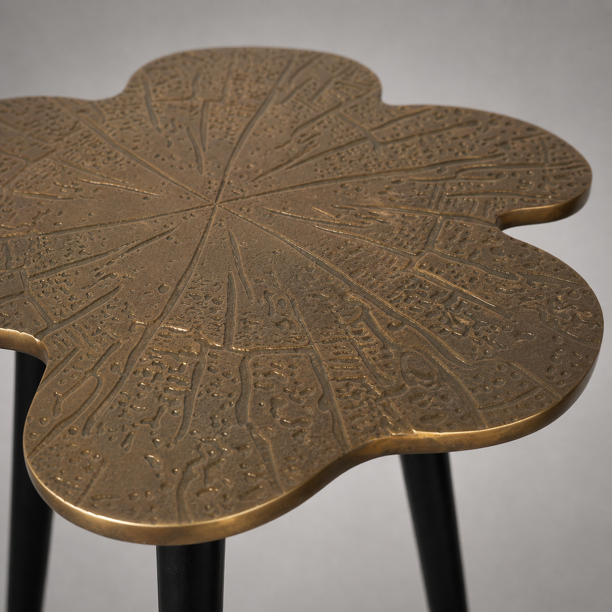 Brass Clover Side Table | Etched Top &amp; Black Iron Legs